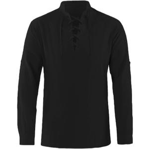 Men's Renaissance Costume Pure Cotton Retro Lace Up Shirts for Pirate Viking Medieval (XX-Large, Black)