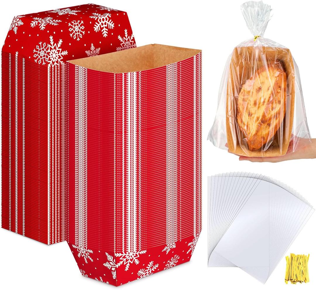 Vesici 100 Sets Large Snowflake Disposable Bread Pans for Baking 8.6 x 4.5 x 2.5 Inch Snowflake Paper Loaf Mold Winter Paper Cake Loaf Pans with Tie and Bags for Kitchen