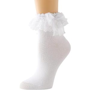 Lace Ruffle Frilly Socks for Women - Lace Ankle Socks with Bow (White)