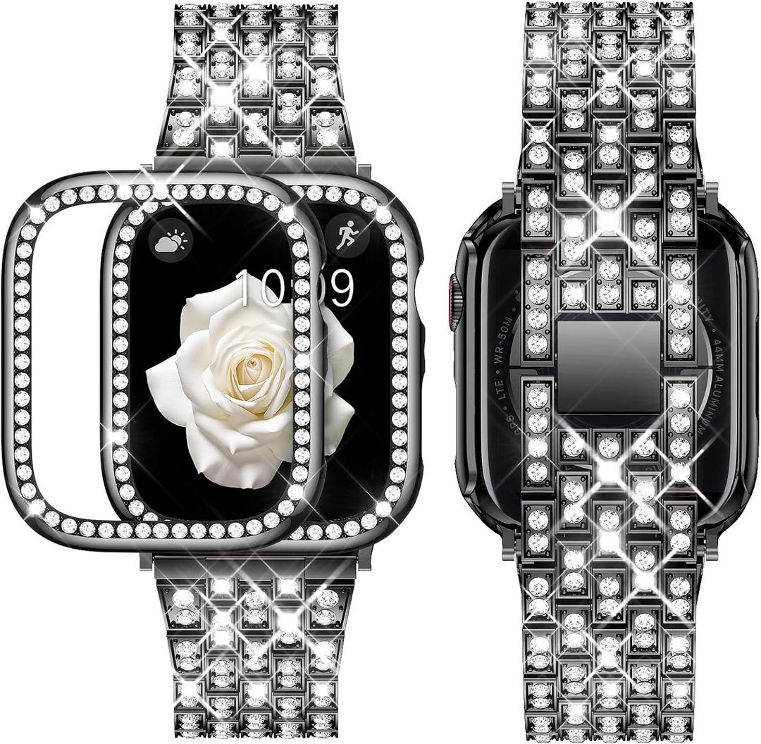 Supoix Compatible with Apple Watch Band 38/40/41/42/44/45/46/49mm+ Case, Women Jewelry Bling Diamond Rhinestone Replacement Metal Bands & 2 Pack PC Protector Case for iWatch Ultra 3/2/1 Series 11/10/9/8/7/6/5/4/3/2/1/SE