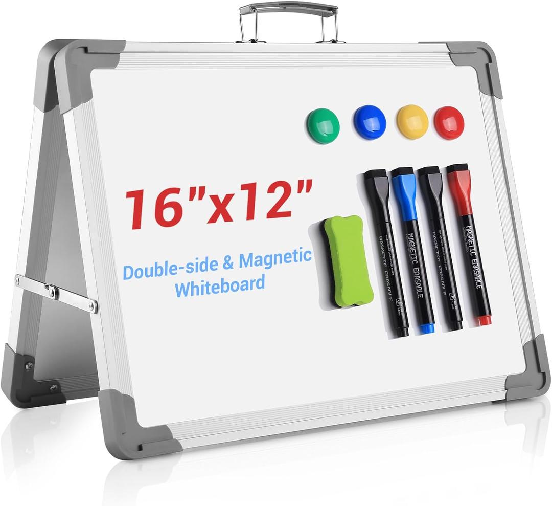 White Board Dry Erase 16" x 12", Magnetic Portable Foldable Whiteboard Double Sided Desktop Dry Erase Board Easel on Table Top with Holder for Classroom, Office, Homeschooling, School Supplies