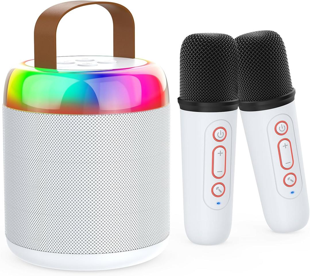 Mini Karaoke Machine for Kids Portable Bluetooth 5.3 Speaker Led Lights with 2 Wireless Microphones Karaoke Toy Gifts for Girls Boys Audlt Birthday Christmas Solid Metal Body - Pure White