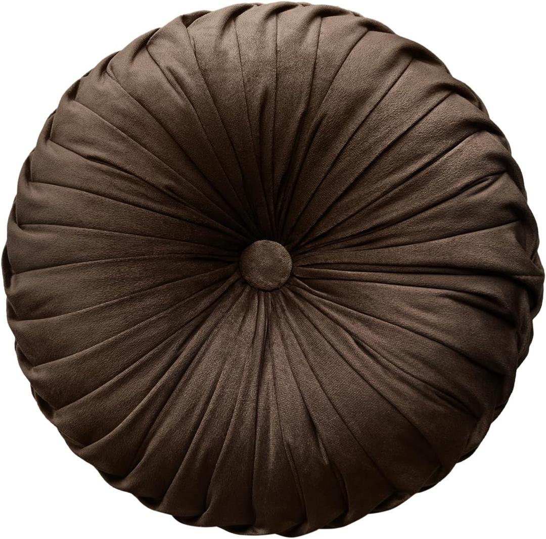 Teieas Round Throw Pillow Velvet Home Decoration Pleated Round Pillow Cushion for Couch Chair Bed Car (Brown)