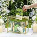 Glass Wedding Card Box with Lock and Slot, Large Gold Clear Card Box for Wedding Reception, Decorative Envelope Gift Box for Baby Shower, Birthday, Graduation, Anniversary, Bridal Shower