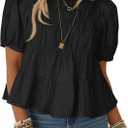 Tankaneo Womens Puff Sleeve Peplum Babydoll Tops Summer Flowy Pleated Cotton T-Shirts Casual Loose Fit Cute Blouse (Black, M)