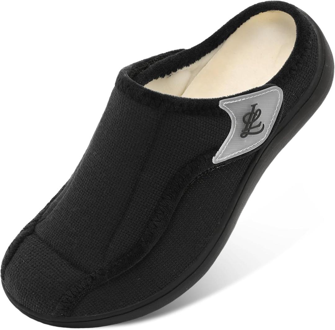 LeIsfIt Mens Slippers Wide Diabetic House Slippers Adjustable Slip On Warm Bedroom House Shoes for Edema Swollen Feet Indoor Outdoor Slipper (Black), Size 13