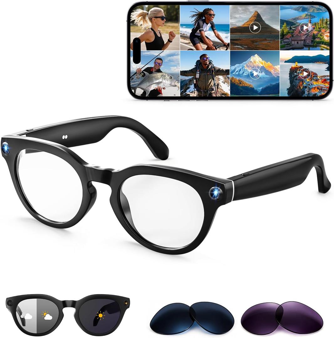 AI Smart Glasses with Camera, 2K Camera Glasses,12MP Video Recording Glasses, Real Time Translation, AI Voice Assistant,Sunglasses with 3 Pack Lenses - Photochromic Lenses,Purple and Blue Lenses