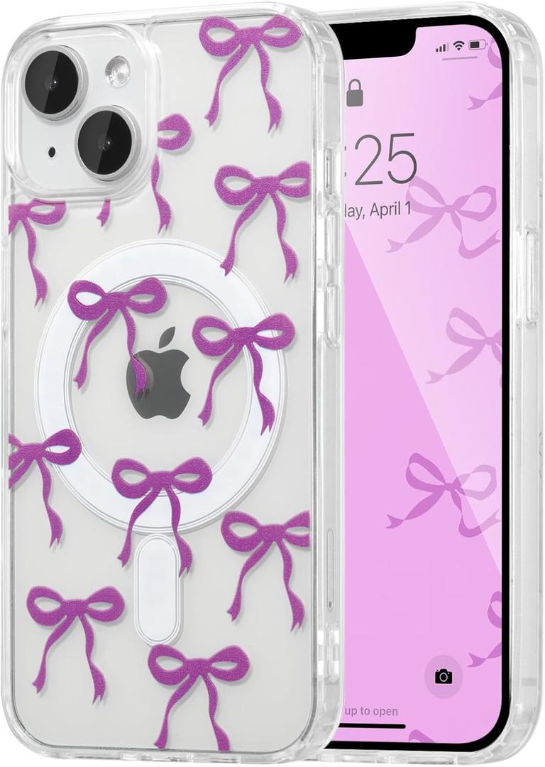 UEEBAI Magnetic for iPhone 14 & iPhone 13 Case, Bow Case Compatible with MagSafe, Wireless Slim Clear Ribbon Phone Cover Anti-Yellowing Shockproof Protective Cover for Women Girl - Purple