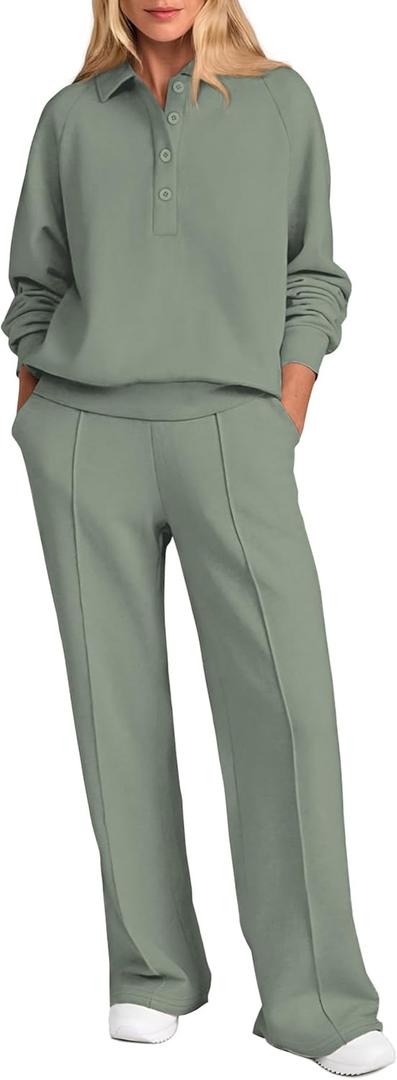 PRETTYGARDEN Women Fall 2 Piece Outfits Sweatsuits Quarter Button Long Sleeve Sweatshirt Wide Leg Pants Tracksuit Lounge Sets (Small, Bean Green)