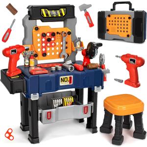 Kids Tool Bench Set with Electric Drill and Chair,Construction Workbench Toys for Toddlers 3-5,Kids Tool Play Set,Multifunctional Transformable Toolbox,Boy Gift for 3 4 5 Years Old