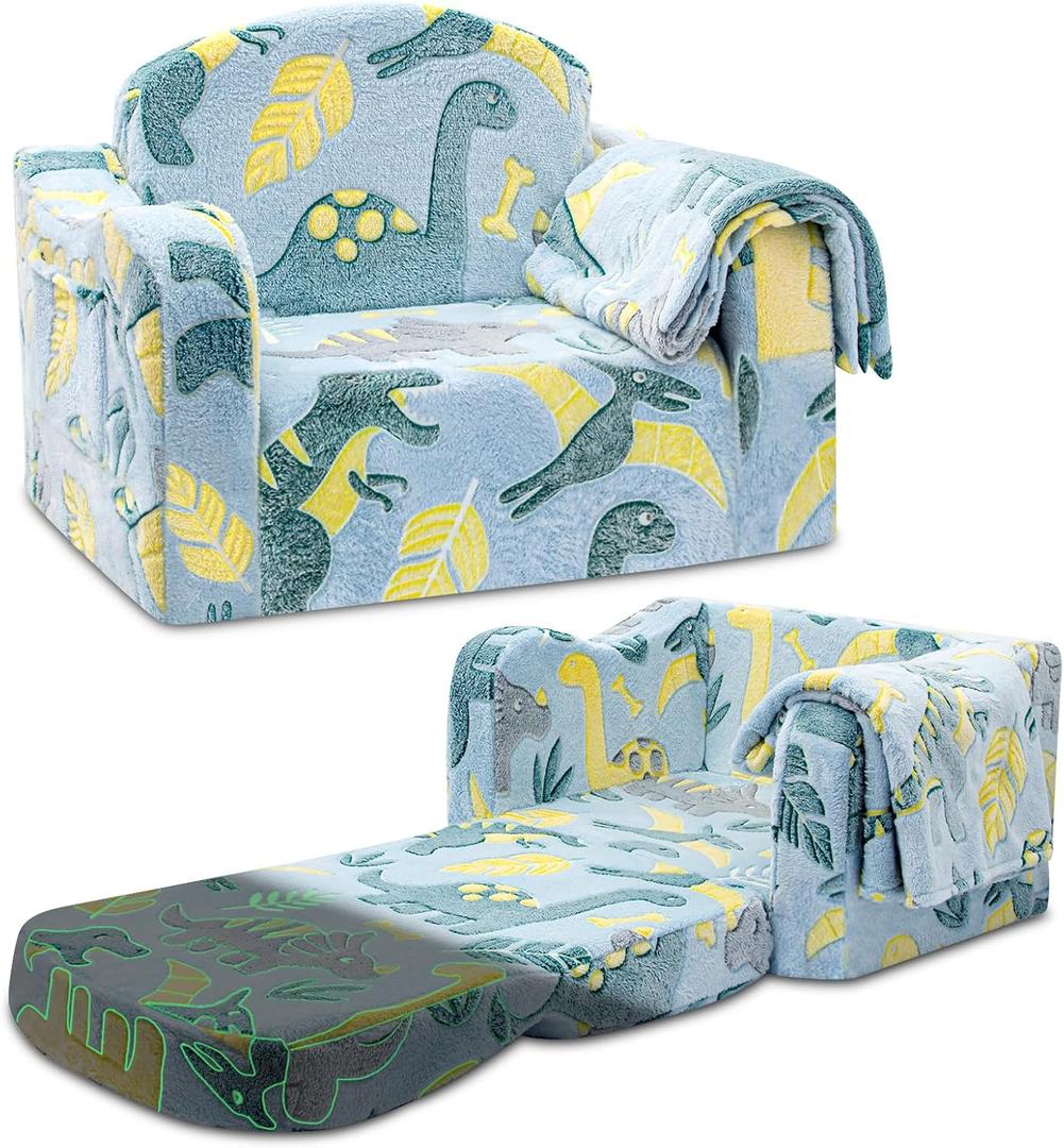 Airpanda Comfy Toddler Chair and Couch for Kids with Blanket,2-in-1 Soft Plush Fold Out Toddler Couch for Girls and Boys,Convertible Sofa to Lounger for Playroom,Glowing Dinosaur (Green)