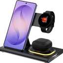 3 in 1 Wireless Charger for Samsung Charging Station Android Phone Multiple Devices LED Light Folding Dock Charger Stand for Samsung Galaxy S26 Ultra S25 S24 S23 S22 S21 Note 20 Watch 8/7/6 Earbuds (Black)
