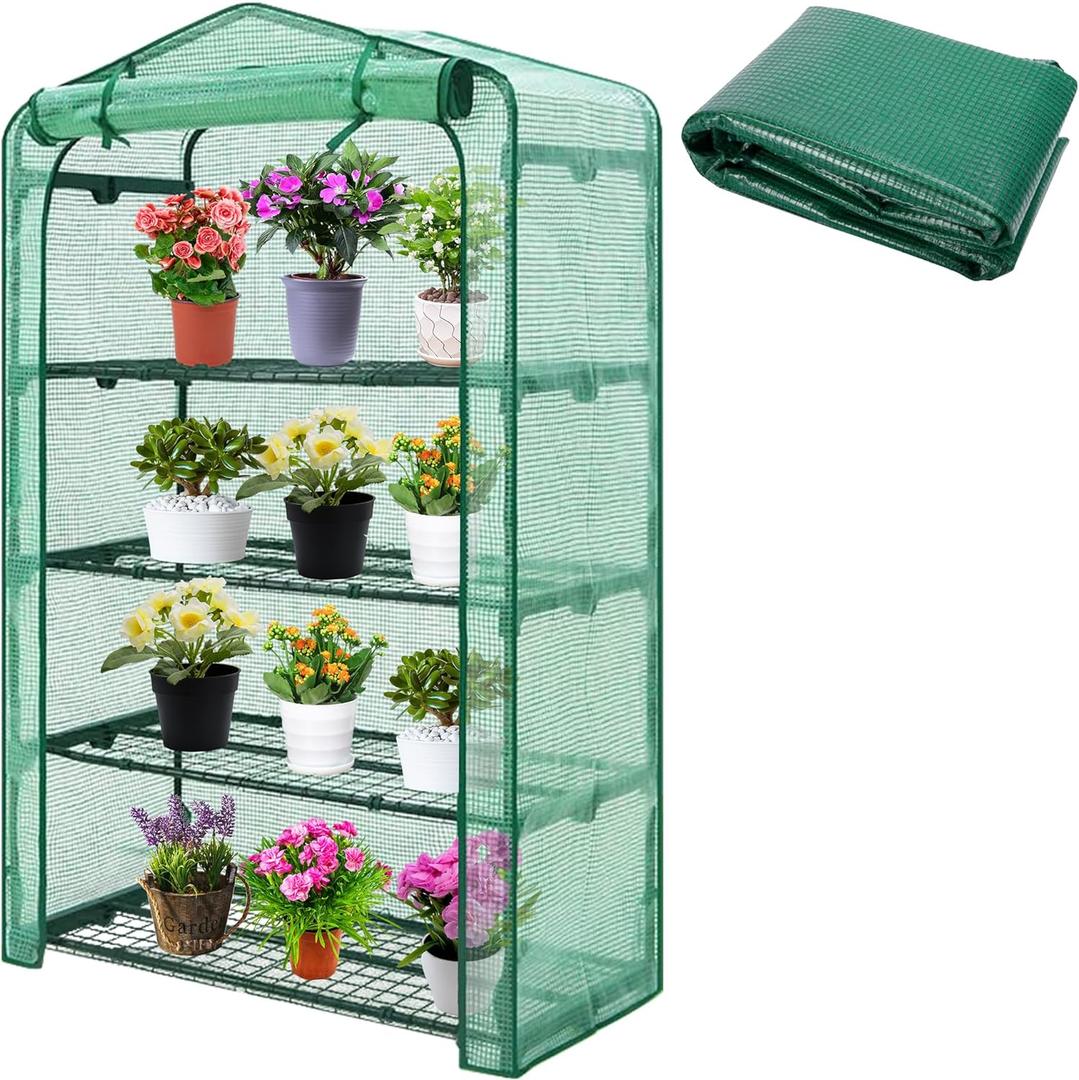DECOHS Extra Wide 4 Tier Greenhouse Replacement Cover, 63 x 40 x 19 Inch Green PE Plant Gardening Greenhouse Cover with Roll-Up Zipper Door for Gardening Plants Flowers (Frame Not Include)