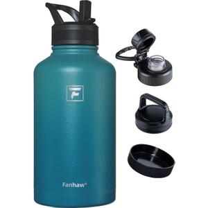 Fanhaw 64 oz Insulated Water Bottle  Large Stainless Steel Jug with 3 Lids (Straw, Spout, Carabiner) | Heavy-Duty, for Camping, Backpacking, Long Hikes & Outdoor Work (Green Blue)