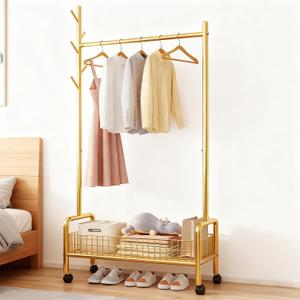 Clothes Rack with Storage Shelves, Heavy - Duty Garment Rack with Wheels for Bedroom, Living Room, Laundry Room Organization (23in/60cm, Gold)