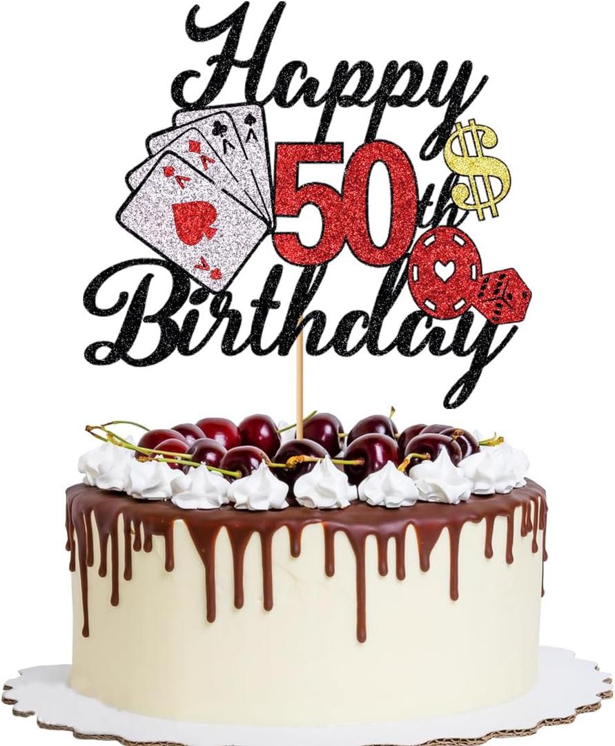 Casino Cake Topper Happy 50th Birthday Las Vegas Cake TopperDice Poker Cake DecorationsChip Game Party Decorations Vegas Birthday Decorations