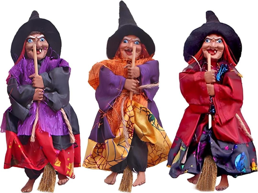 3 PCS Halloween Hanging Witches Decorations, 8" Halloween Witches Ornaments Flying Witches Figures on Broom Halloween Outdoor Indoor Decorations Haunted House Hanging Props Party Decor (#A)