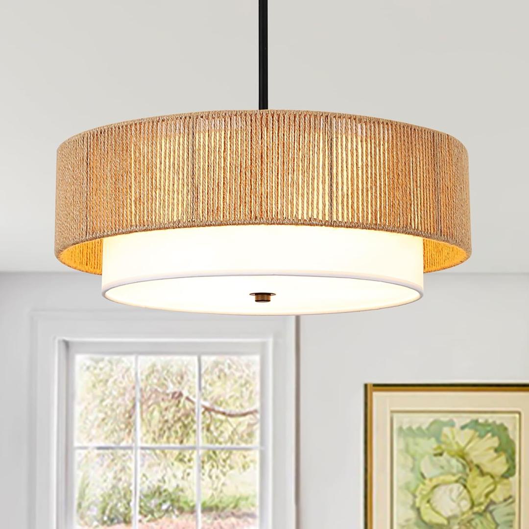 18" Double-Drum Hemp Rope Farmhouse Pendant Light Bohemian RattanChandelier Semi-Flush Handwoven Design for Dining Room, Bedroom, Living Room & Kitchen Island