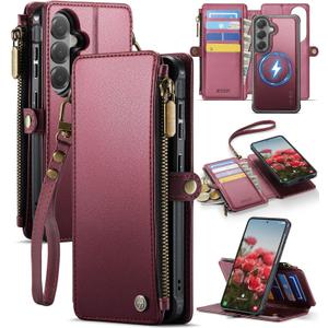 for Samsung Galaxy S26 Wallet Case Magnetic [Compatible with Magsafe] [RFID Blocking Card Holder] [Zipper] [Strap] Detachable Drop-Proof Protective Phone Cases for Galaxy S26-6.3", Burgundy