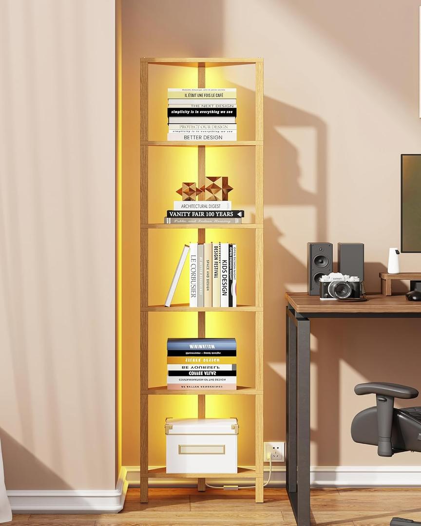 TUTOTAK Corner Shelf with LED Light, 6-Tier Corner Bookshelf for Small Space, Narrow Display Corner Shelf Stand with Storage Rack, for Living Room, Bedroom, Natural BS05BN006L