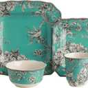 222 Fifth Adelaide 16-Piece Square Floral Dinnerware Set  Service for 4, Turquoise Porcelain Plate, Bowl & Mug Set, Chip Resistant, for Everyday Dining & Entertainment, Microwave & Dishwasher Safe