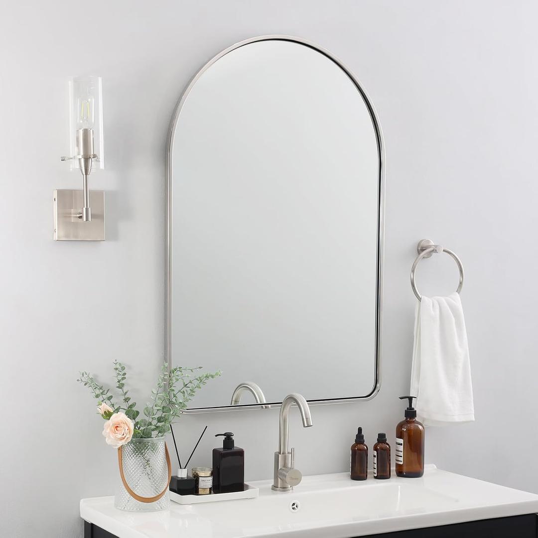 Andy Star Brushed Nickel Arched Mirror, 20x30 Arch Mirror, Brushed Nickel Bathroom Mirror, for Vanity,SUS304-Anti-Rust, Tube Frame, Wall-Mounted Vertical 1 Deep