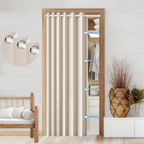 HMYI 100% Blackout Faux Linen Doorway Curtain Accordion Style Doors for Doorway Magnetic Door Curtain, 80 Inch Room Divider Curtains for Cover, 1 Panel, W45 x L80, Sand