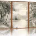 Yeehomedec Vintage Nature Landscape Framed Canvas Wall Art Set, Rustic Misty Forest Sketch Wall Decor, Neutral Wooden Trees Art Print, Retro Foggy Scenery Artwork for Living Room Bedroom Office 16"x24"x3