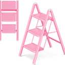 Pink Step Ladder 3 Step Folding, Small Step Stool for Women to Reach Higher Places, Widen 7.9Inch Pedal for Comfortable Use, Anti-Slip Foot for Safe Use, Sturdy and Fold Thin, 330Lbs Load