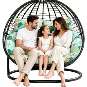 55 x 35 Inch Double Egg Chair Cushion Replacement, Thickened Waterproof Hanging Swing Chair Cushion with Pillows for Outdoor Patio, Cyan Floral Leaf