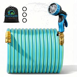 Goldwanda Expandable Garden Hose 50FT Expanded Length – Retractable, Kink-Free TPV Material, 10-Pattern Nozzle, Solid Brass Fittings (blue-green, 5/8" x 50ft)
