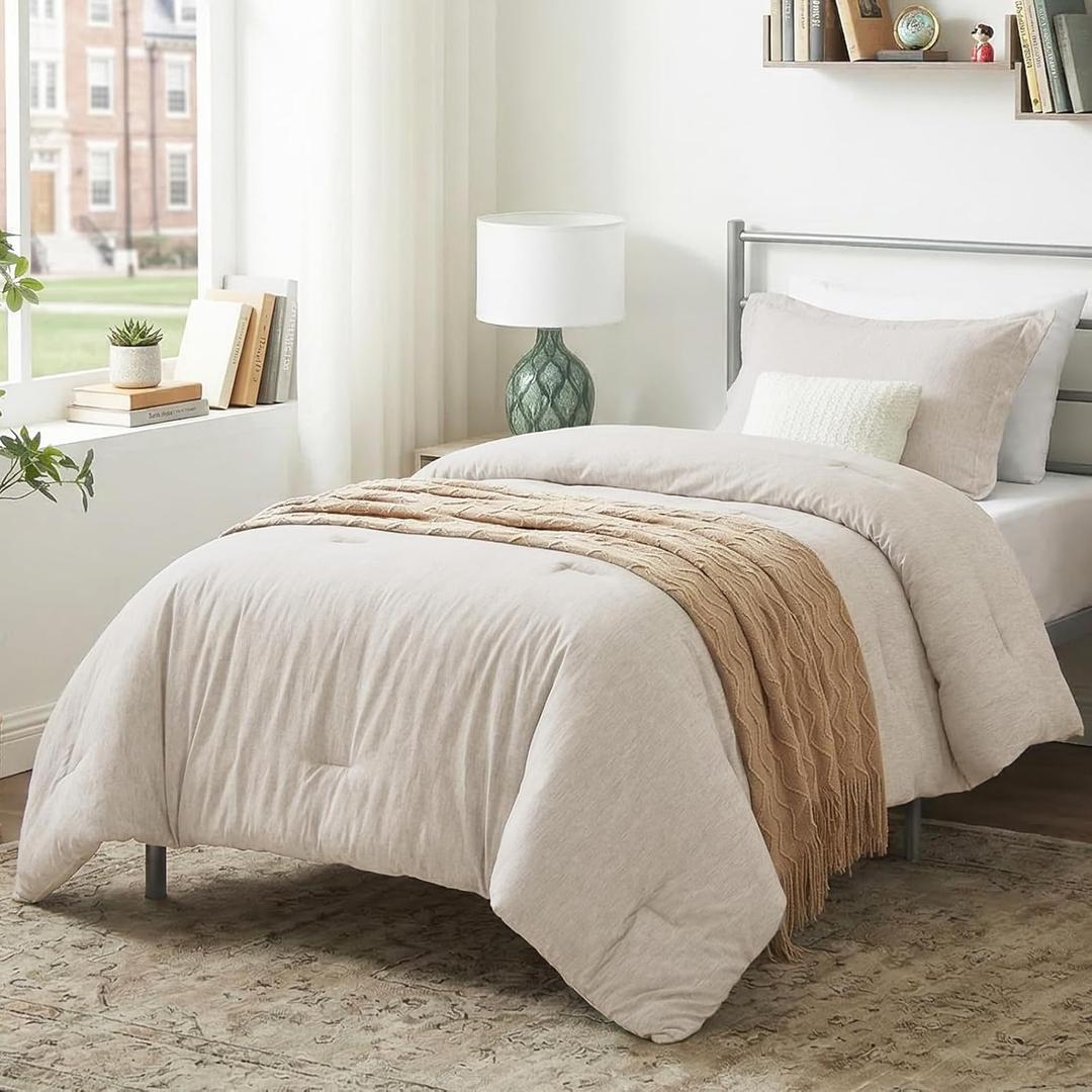 CozyLux Twin Comforter Set Dorm Bedding - 2 Pieces Beige Twin Extra Long Soft Luxury Cationic Dyeing Comforter for College, Twin XL Breathable Lightweight Bed Sets with 1 Comforter and 1 Pillow Sham