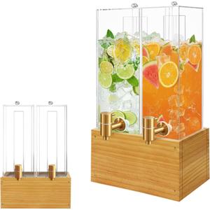 Beverage Dispenser with Stand 2 Gallon, 2 Pack Drink Dispenser with Ice Core, Beverage Containers with Wood Stand for Juice/Tea/Soda/Water, Drink Dispensers for Parties
