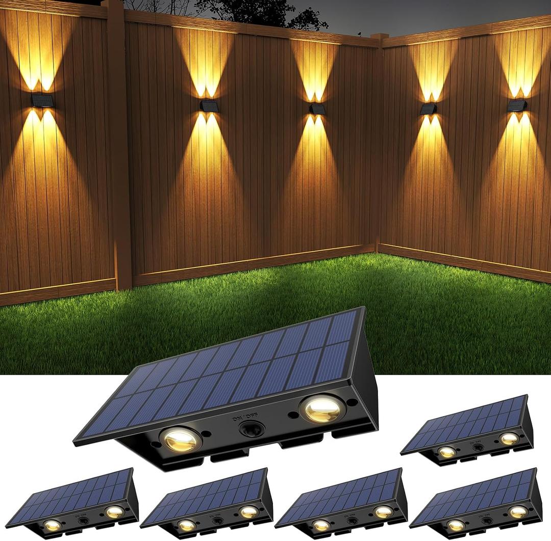 Solar Fence Lights Outdoor,6Pack Solar Wall Lights Up and Down Waterproof 3000/4500/6000K 3 Modes Brighter LED Focus Lens Dusk to Dawn Fence Lights Solar Powered for Patio/Backyard/Porch/Railing/Step