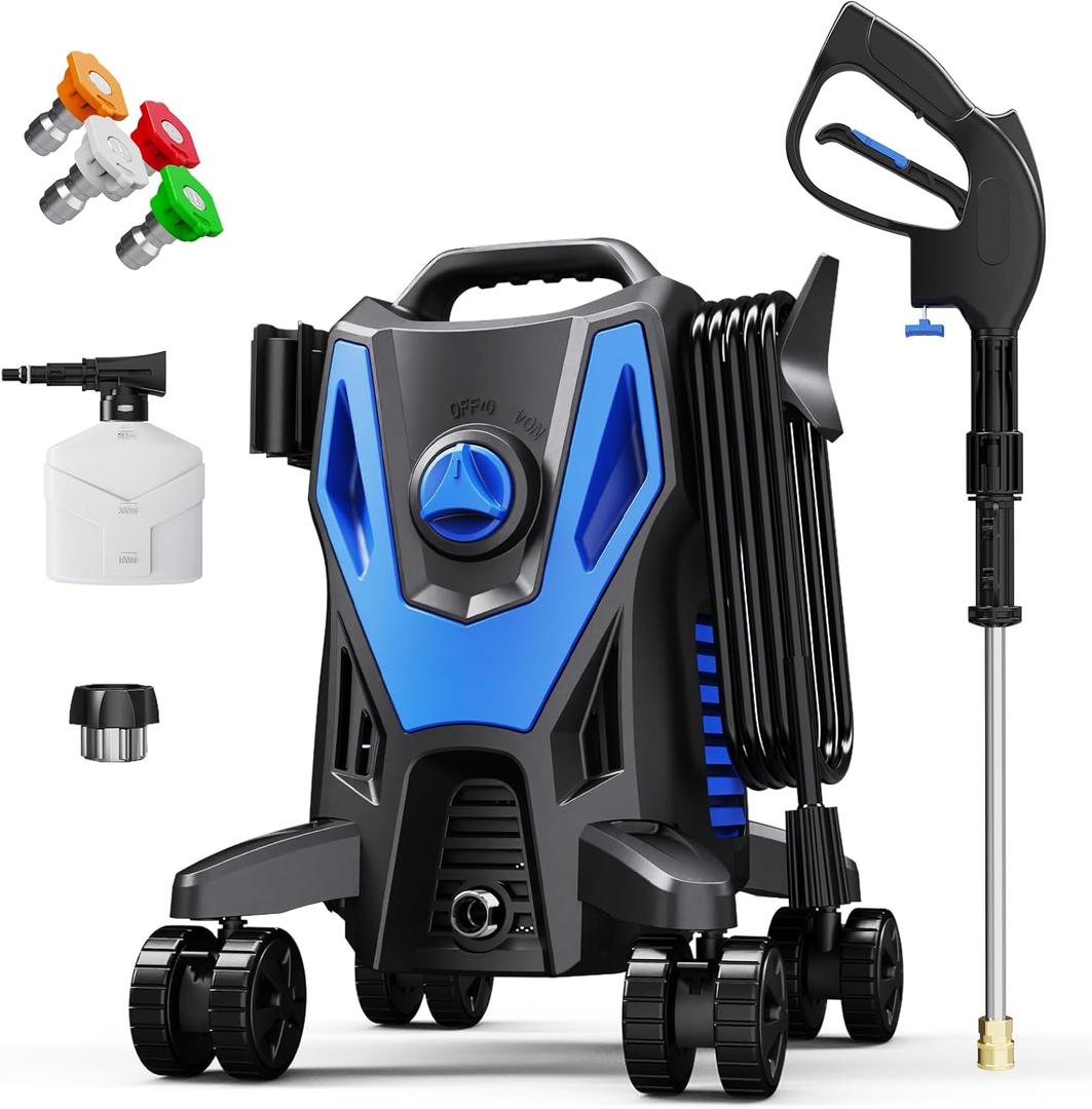 Electric Pressure Washer with Anti-Tipping, 35FT Power Cord, Cleaning Machine with Foam Cannon for Cars Fences Driveways Patios Home Cleaning Blue