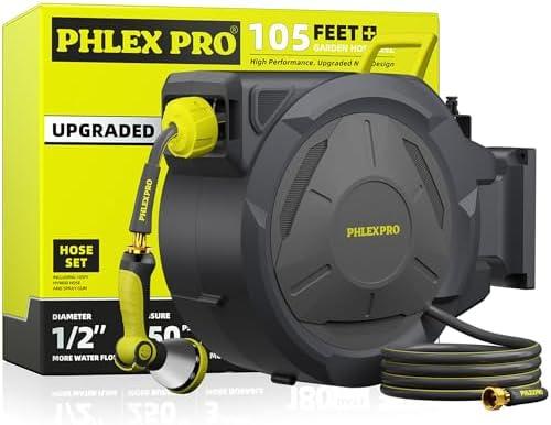 PHLEX PRO Retractable Garden Hose Reel 105FT, 1/2 inch Wall Mounted Hose Reel with Full Brass Fittings, 10 Patterns Spray Nozzle, Any Length Lock, 180° Automatic Rewind