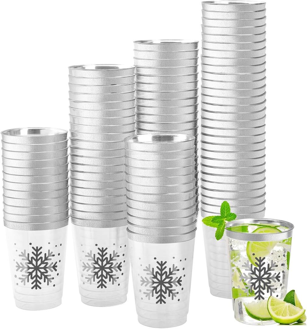 Datyiiha 100 Pieces Snowflake Plastic Cups Silver Foil Christmas Disposable Cups 12 oz Clear Beverage Cups for Winter Wedding Snowflake Frozen Birthday Party Supplies Drinkware Cups