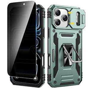 VEGO for iPhone 17 Pro Max Case with Stand, Slide Camera Cover & Privacy Tempered Glass Screen Protector & Ring Kickstand Heavy Duty Protection Cover for iPhone 17 ProMax - Light Green