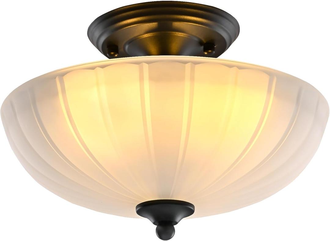 Frosted Glass Ceiling Light Fixture - Semi Flush Mount with 3 E26 Bulb Sockets, Soft Diffused Lighting/Anti-Glare Shade Lighting for Living Room Dining Room Hallway, Vintage Indoor Chandelier (11.8inch)