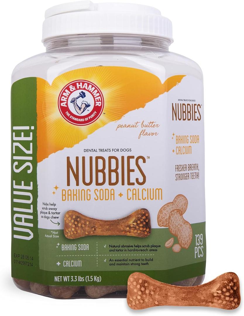 Arm & Hammer for Pets Nubbies Dental Treats for Dogs with Baking Soda and Calcium, Treat Chews Help Fight Bad Breath, Plaque & Tartar, Peanut Butter, Value Bucket, 139 Pcs (52.8 Ounce (Pack of 1)), Best By: 28 04 10