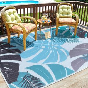 Patio Rug 8' x 10' Breathable Outdoor Mat, Quick Drying Surface & Non-Slip Outdoor Indoor Area Rug for Courtyard Balcony Deck Porch RV Camping, Washable& Foldable Floor Carpet, Blue Brown