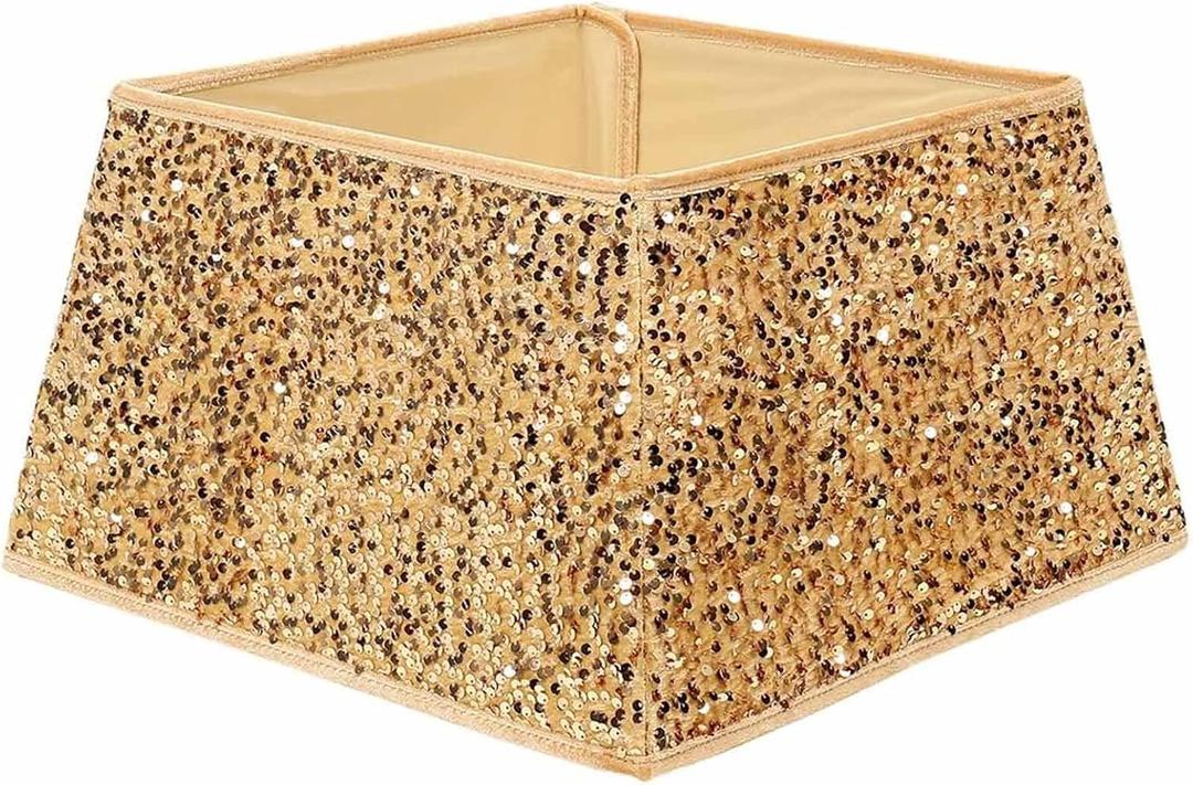 Gold Christmas Tree Collar, Sequin Christmas Tree Skirt Tree Ring Glitter for Fall Holiday Party, Tree Stand Base, Rustic Xmas Tree Cover Skirt Christmas Ceremony Decor