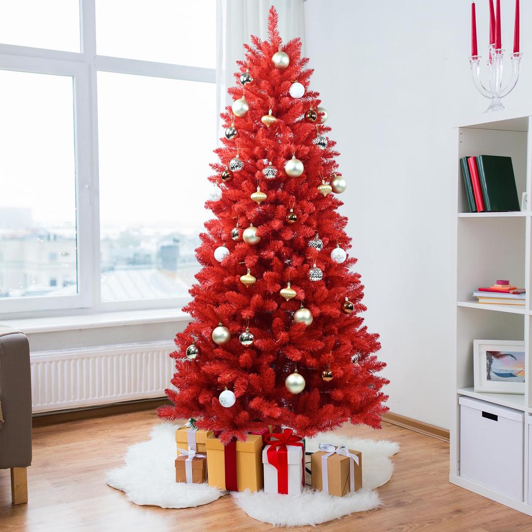 Kadunmina 6ft Artificial Red Christmas Tree Halloween Tree Xmas Tree with Metal Foldable Stand Full Real Christmas Tree with 804 Branch Tips Easy to Assemble Holiday Indoor Decor