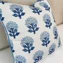 Blue Block Print Marigold 22x22 Throw Pillow Cover - Off-White Cushion Cover for Sofa Couch Living Room - Coastal Grandmillennial Farmhouse Decor - Babur Floral