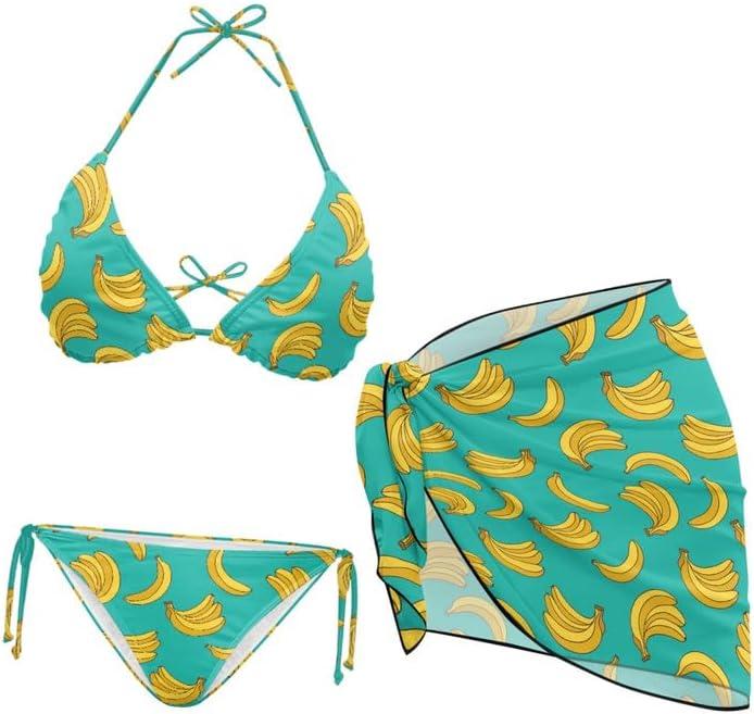 Irisjudy Women's 3 Piece Boho Floral Bathing Suit with Beach Wrap Skirt Sarong Chiffon Swimsuit Tie Side Bikini Set Cover Up (Medium, Yellow Banana)