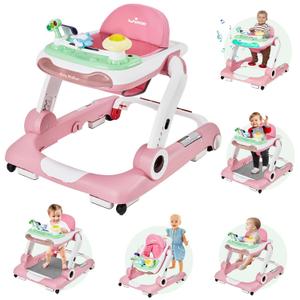 5 in 1 Baby Walker, Activity Baby Walker-Baby Bouncer, Rocker, Activity Center,Seat and Push Walker,Detachable Trampoline Mat, Adjustable Speed Rear Wheels and Height,Ages 6-18 Months (Pink)