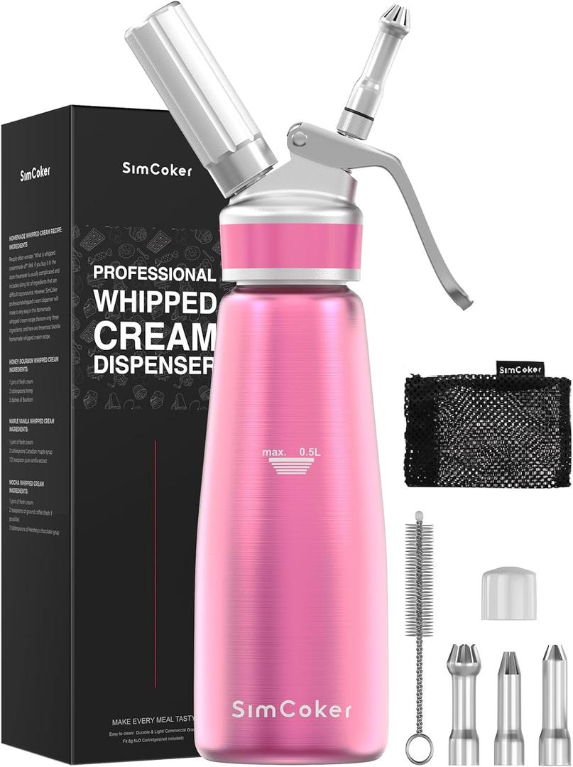 Whipped Cream Dispenser,Aluminum Cream Whipper 500mL/1 Pint,3 Decorating Nozzles,1 Brush, 1 Storage Bag,Homemade Whipped Cream Maker, Pink