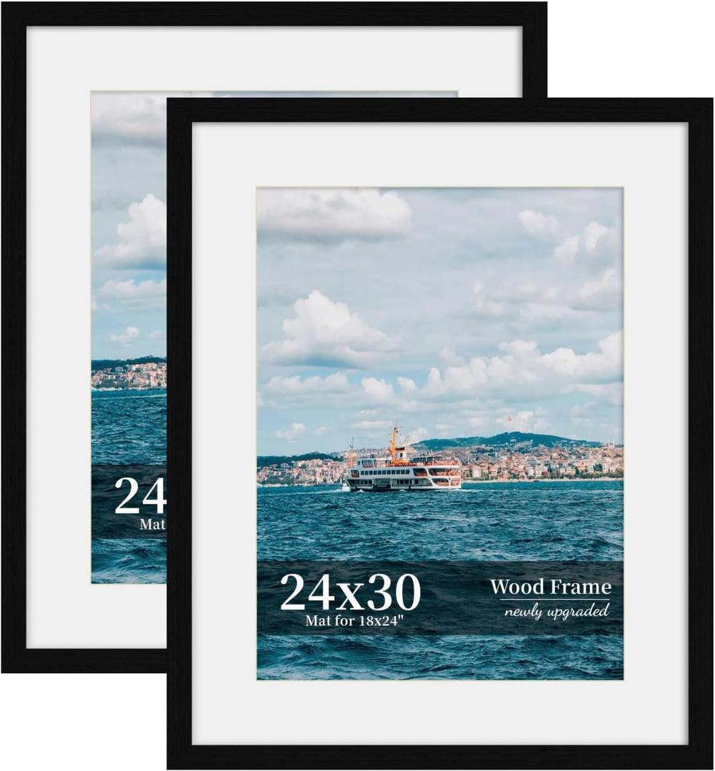 24x30 Picture Frame Set of 2, Wood Frame with Real Glass, Wide Border, 24X30 in