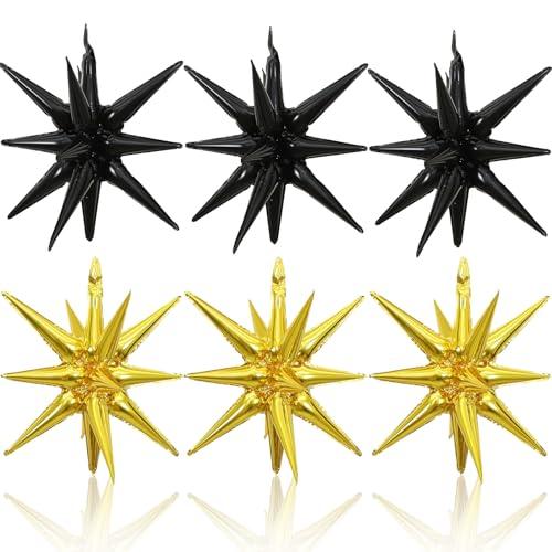 HILAVO 6PCS Black Gold Star Balloons, 22Inch Large Star Balloon Foil Balloons Spike Cone Balloon for Graduation Retirement Birthday New Year Party Decoration