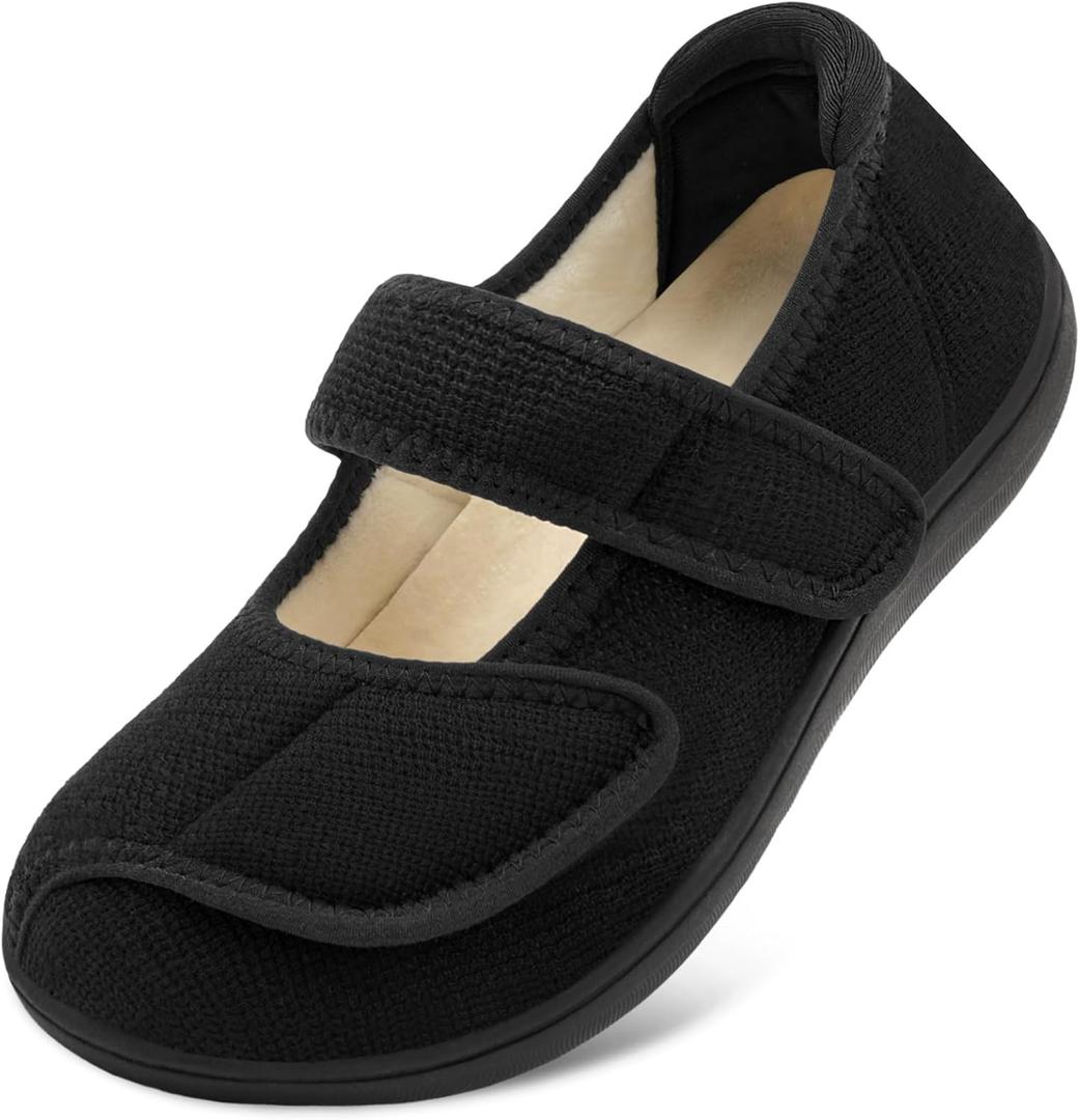 JOINFREE Womens Wide Diabetic Slippers Adjustable Comfort House Shoes Extra Wide Width Bedroom Slipper for Edema Swollen Arthritis Elderly Indoor Outdoor (Black, Size 9)